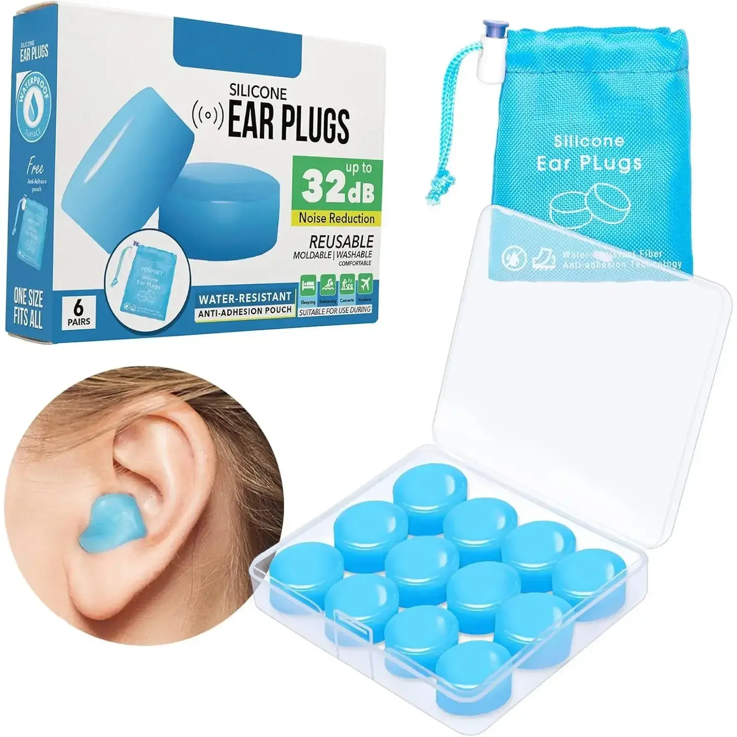 12 Pieces Unisex Fit Moldable Silicone Ear Plugs - Reusable, Hypoallergenic, Waterproof with 32dB Noise Reduction for Sleeping, Motorcycle Riders, Adults, Earplugs, Sporty Swimming, Ear Protection, Splittable, 32Db Nrr, Bendable, Customizable