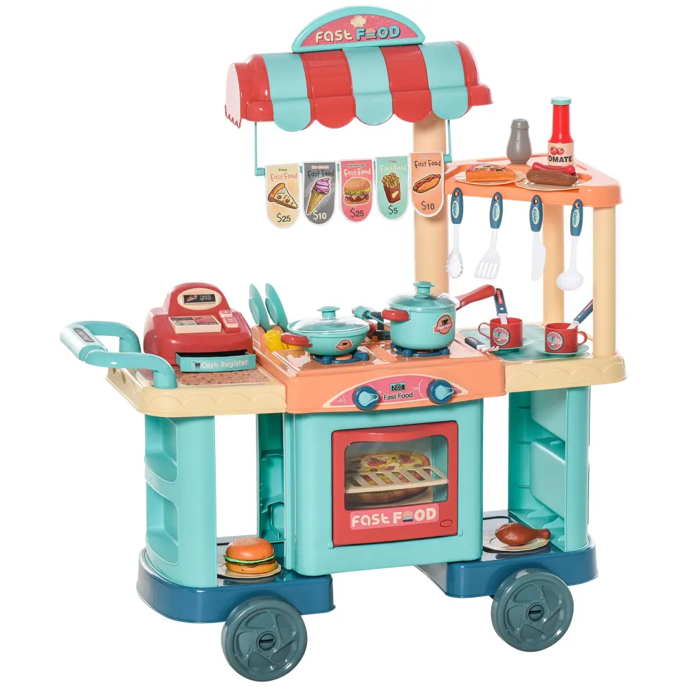 Toddler Play Kitchen Pretend Set - Kids Toy for Ages 3-6 with Food Stand, Play Food, Cashier Register, and Accessories, Kitchen Pretend Play Set