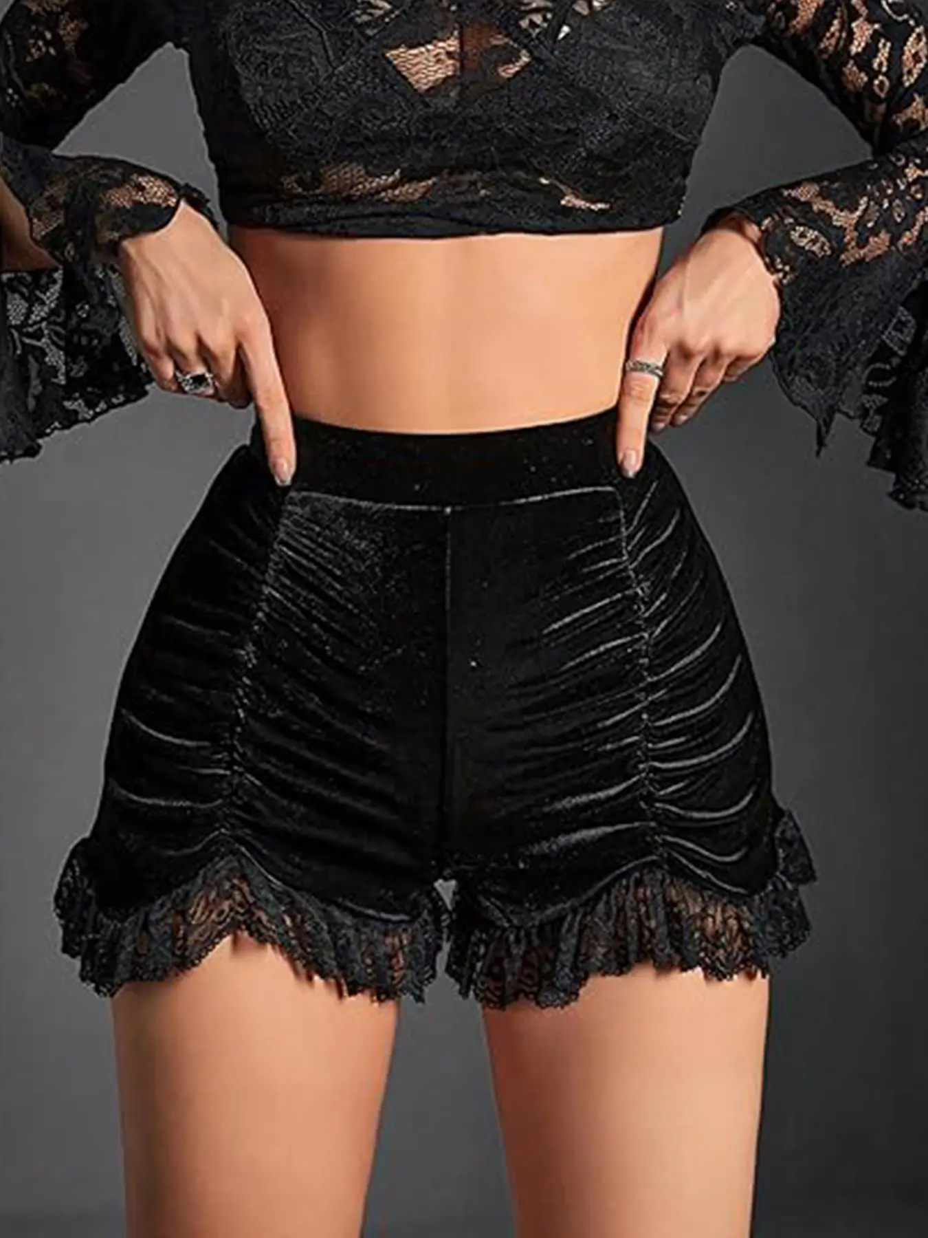 2026 New Cross Border Womens Velvet Lace Ruffle Elastic Waist Elegant Gothic High Rise Dressy Shorts Womenswear Bottom