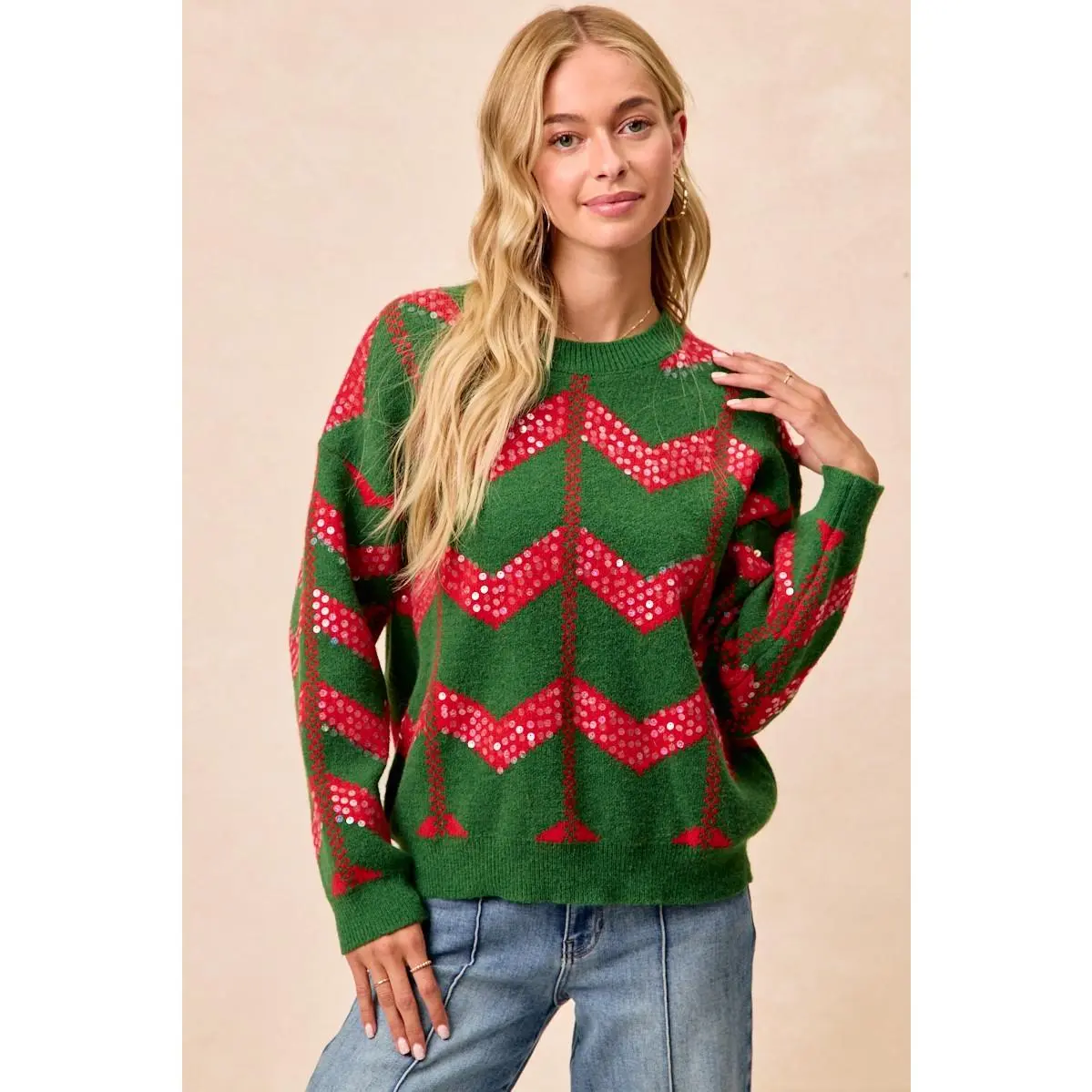 BiBi Christmas Theme Chevron Sequins Detail Sweater