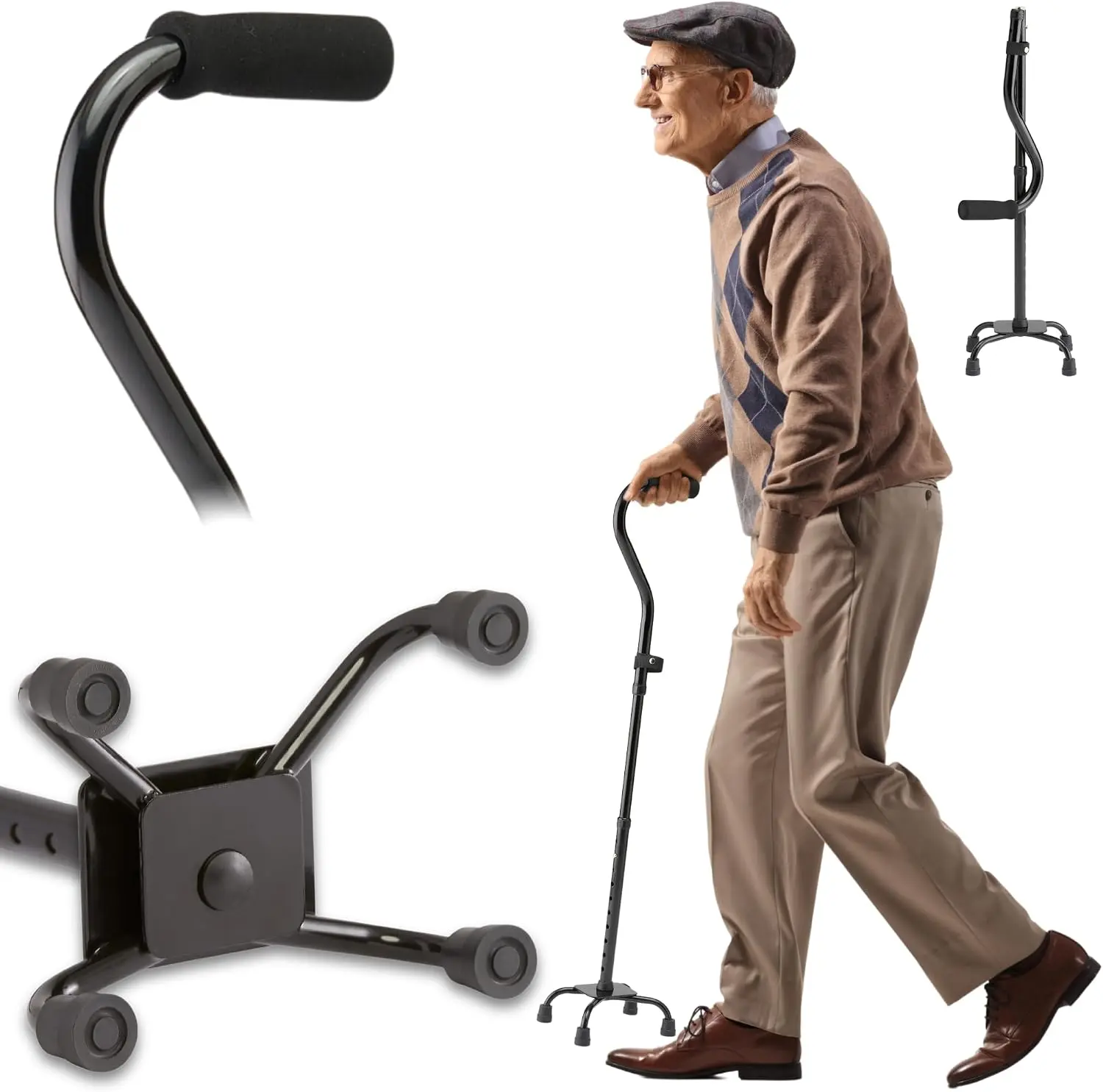 Quad Cane Aluminum Small Base 300 lb Capacity Portable Sturdy Walking Aid for Seniors Adults Balance Knee Injuries Leg Surgery Recovery Mobility