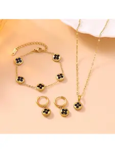 Stainless Steel Black Clover Jewelry Set, Gold Tone, Figaro Chain Necklace, Adjustable Bracelet with Multiple Clover Charms and Matching Hoop Earrings, Sleek Layering Statement Jewelry Set for Women
