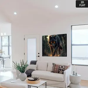 2D Flat, Black Wolf Canvas Wall Art Poster with Wrap-Around Wood Frame - Modern Minimalist Wolf in Forest Night Scene Painting, Dark Blue & Golden Tones - Home Office Living Room Bedroom Decor, Nature-Themed Wildlife Art Print for Modern Interiors	