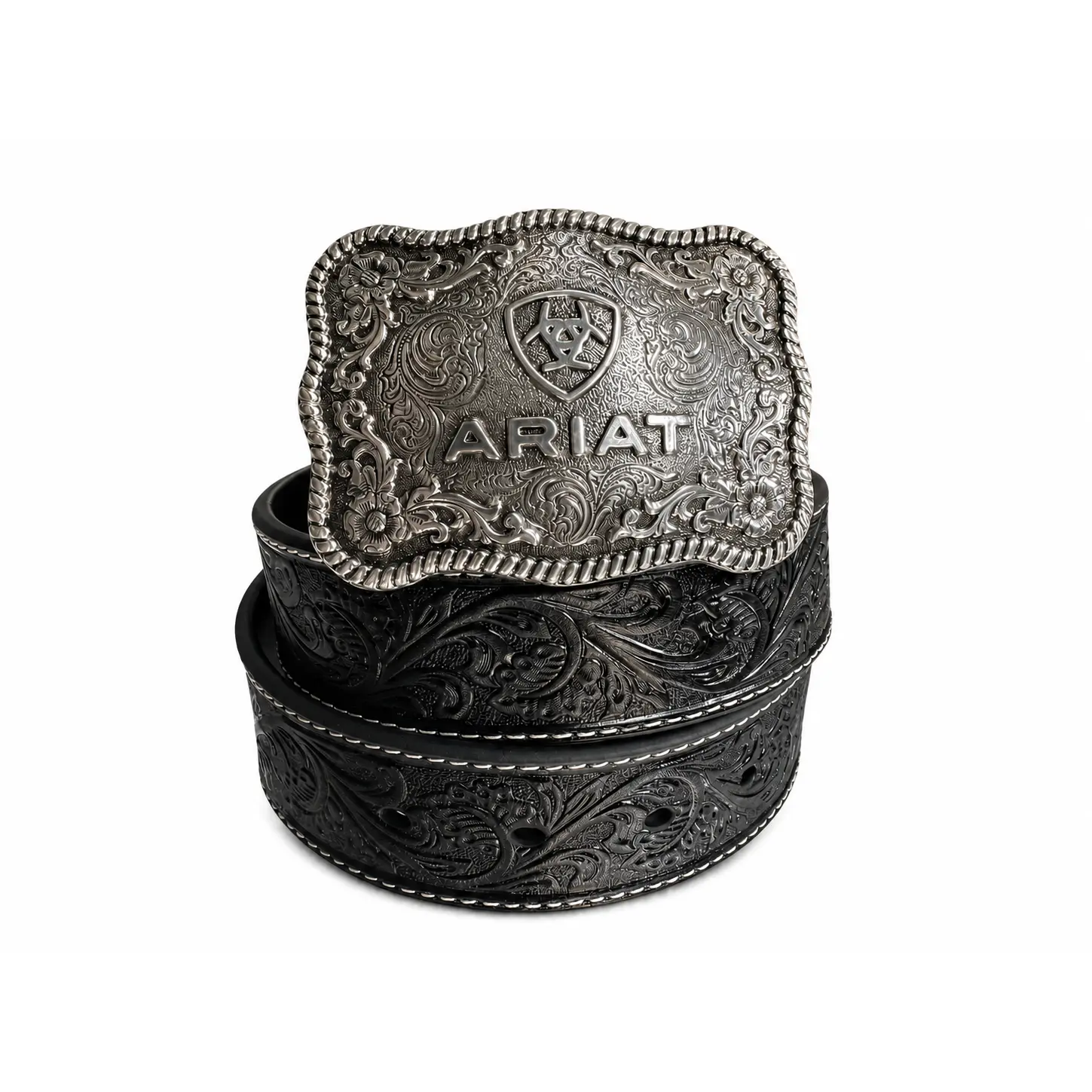 Ariat Men’s Embossed Leather Belt with Silver Western Buckle – Black
