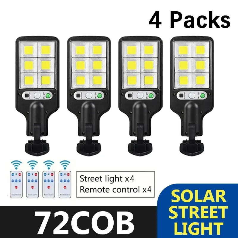 4 Pack Solar Outdoor LED Street Lights with smart remote control and IP65 motion sensor. Features 3 lighting modes, suitable for walkways, garages and courtyards. A waterproof lighting solution for household and outdoor areas., Outdoor Landscape Lights, S