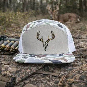Deer Skull Hunting Hat, 7 Panel Camo Snapback Trucker Cap Flat Bill, Outdoor Hunter Hat Adjustable, Gift for Men Dad
