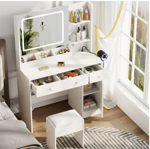 White Vanity Desk Set with Mirror and Lights, Makeup Table with Charging Station, Comfortable Bench, Big Vanity with 3 Storage Compartments, 39.4in