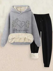 Women's  Thermal Lined Knit Solid Color Hoodie & Drawstring Waist Pants Two-piece Set, Casual Long Sleeve Hooded Sweatshirt & Pocket Trousers for Fall & Winter, Women's Clothes for Daily Wear