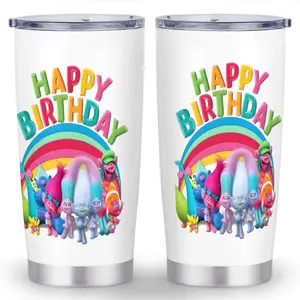 20oz Trolls Stainless Steel Insulated Tumbler with Lid - Double Wall Vacuum, Leakproof, Portable, Vibrant Anime Character Designs, Perfect for Office, Travel & Reusable