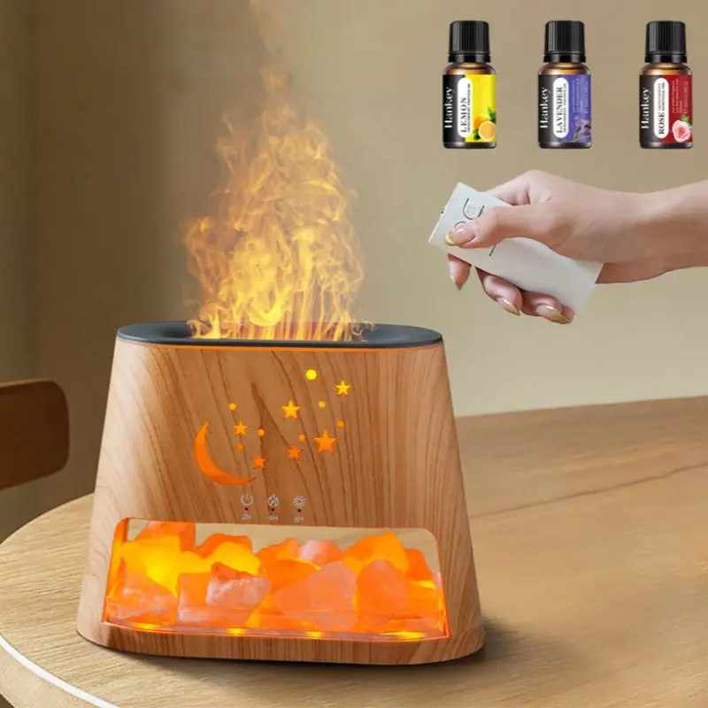 Flame humidifier, essential oil diffuser, Air aroma humidifier, Aromatherapy diffusers with Himalayan salt lamp – 8 light modes, remote control, timer function, mist settings, large capacity, for home/office relaxation, gift for Christmas