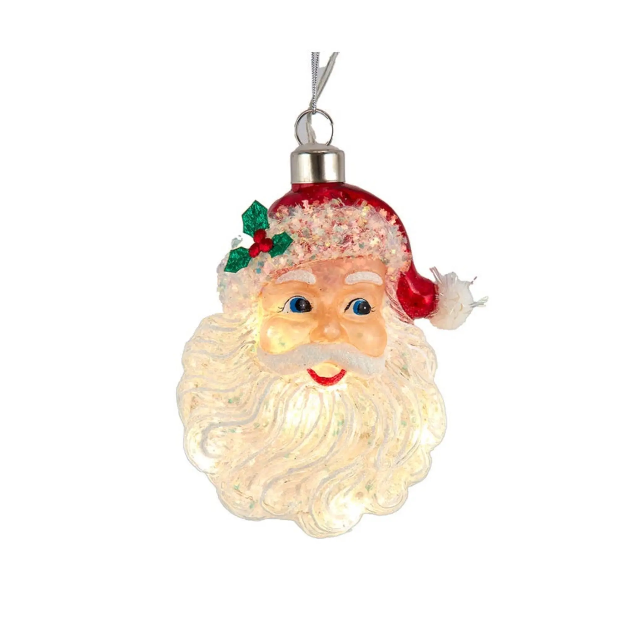Kurt Adler Pre-lit Hanging Glass Ornament, Warm White LED's, USB-Powered Santa Head