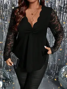 Women's Lace Long Sleeve Fitted Top Blouse with V Neck Pleated Details, Sheer Lace Sleeves for Elegant Evening Wear, Perfect for Night Parties, Womenswear