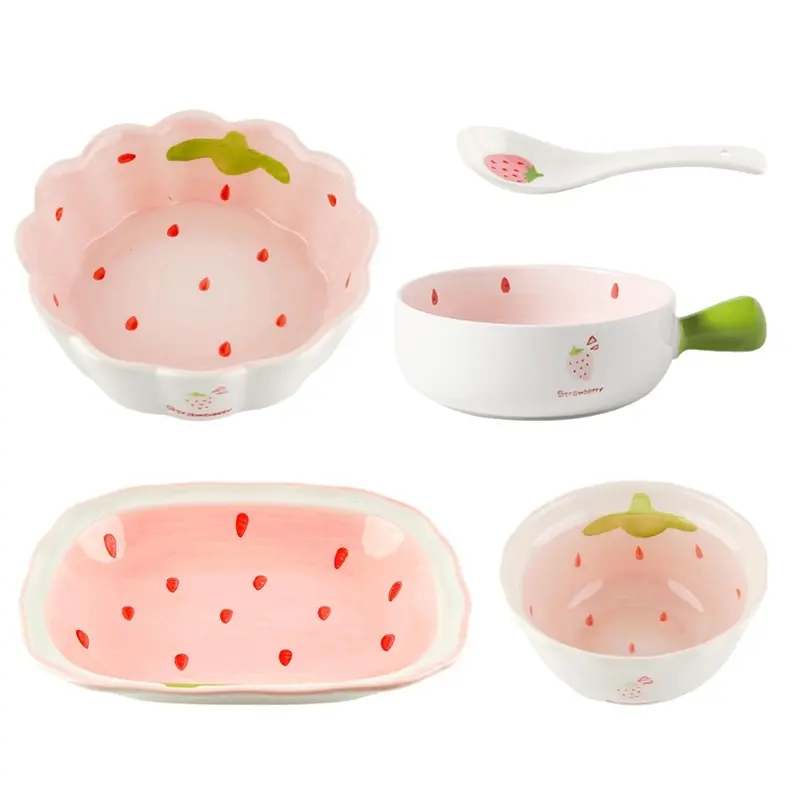5-piece set:Strawberry Tableware Set Salad Bowl+Spoon+Rice Bowl+Plate+Handled Bowl