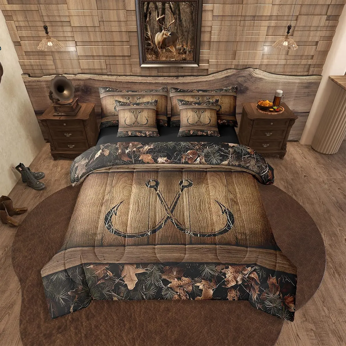 7 Piece Rustic Lake Cabin Comforter Set with Sheets Farmhouse Fishing Bedding Set Tree Branches Camo Fish Hook Bed in A Bag Men Country Camouflage Bed Set