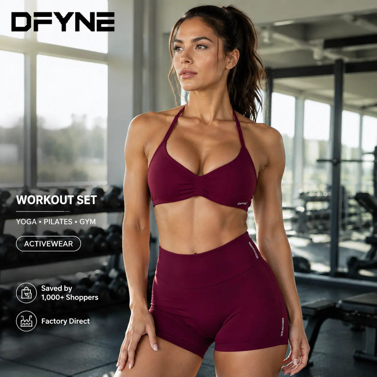 【Flash Sale】With Logo Dfyne Women's 2 Piece Activewear Set Halter V Neck Sports Bra and High Waisted Shorts Matching Outfit for Pilates Yoga Workout and Lounge