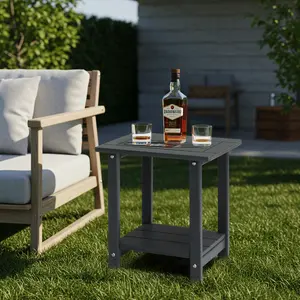 2-Tier Outdoor Side Table, HDPE Adirondack Table Patio Side Table, Weather Resistant End Table Small Outdoor Table, Dark Grey, Square