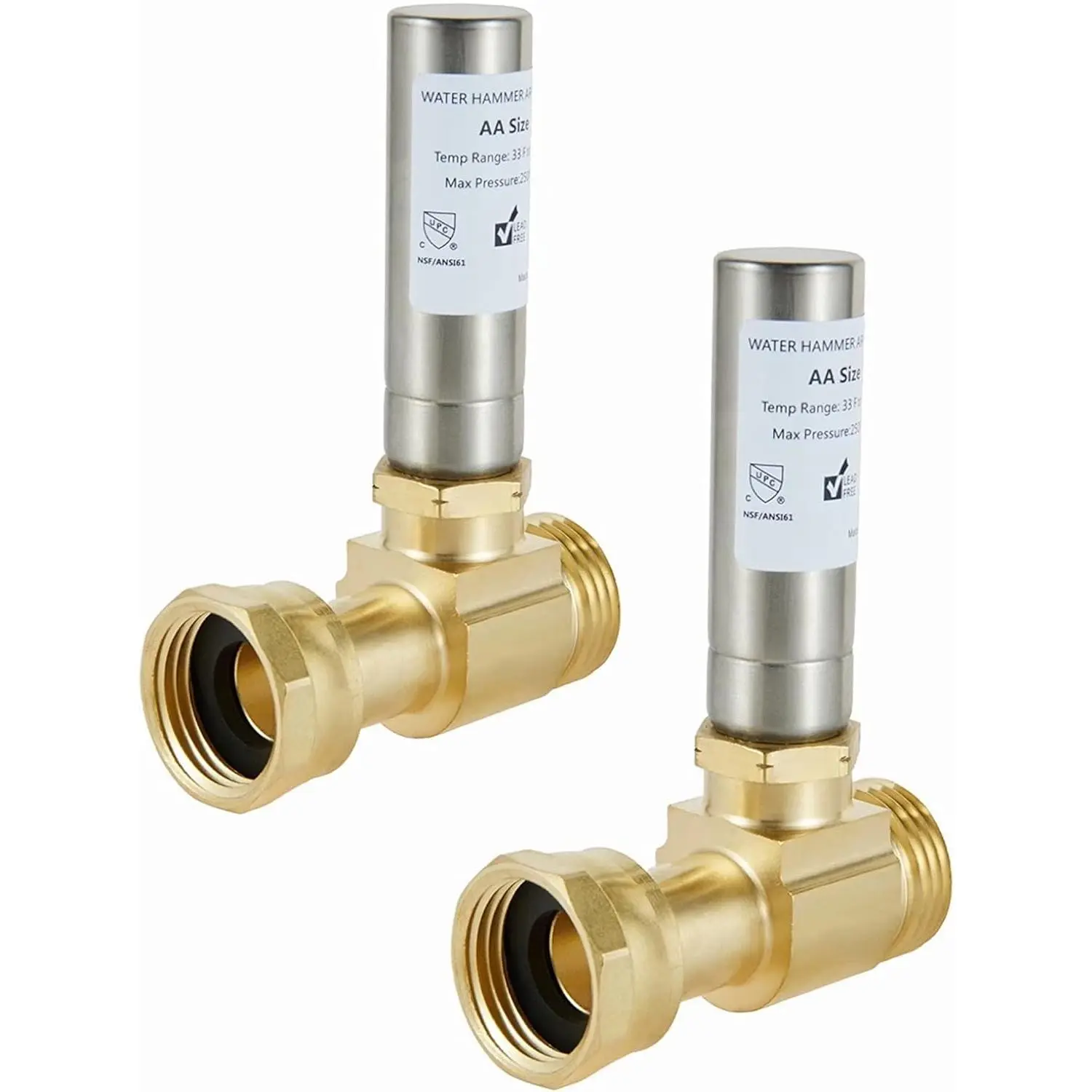 (2 Pieces) Water Hammer Arrestor, Directly to Washing Machine Tube - S-241 Stainless Steel & Low Lead Brass Body, 3/4 in Swivel Joint FHT x 3/4 in MHT Hose Threads, 250 PSI, Horizontal/Vertical Installation, Protects Control System (HAMMER020-2PCS)