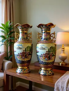 Pair Large 24” Japanese Satsuma Vases Hand Painted Gold Moriage Geisha Scene