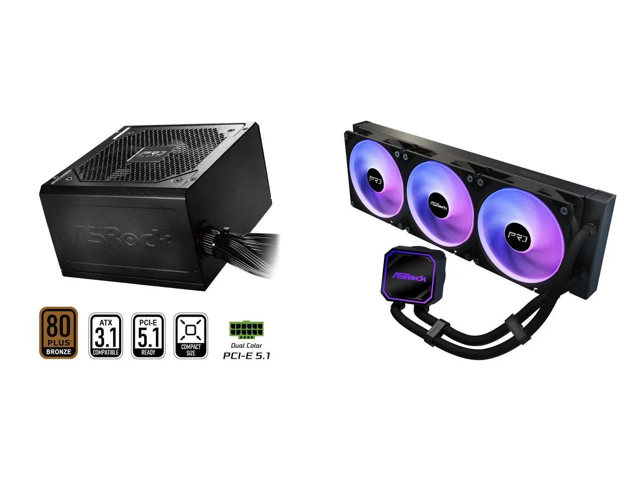 ASRock PRO Series PRO-750B 750 W Power Supply ASRock AIO PRO 360 ARGB 27mm radiator, ARGB waterblock, ARGB Hub-lighting fan, black version