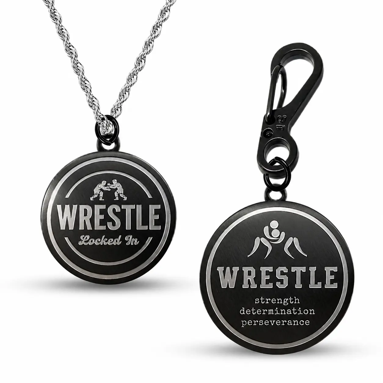 Wrestling Necklace and Bag Clip Set, Men and Boys - Stainless Steel, Non-Tarnish