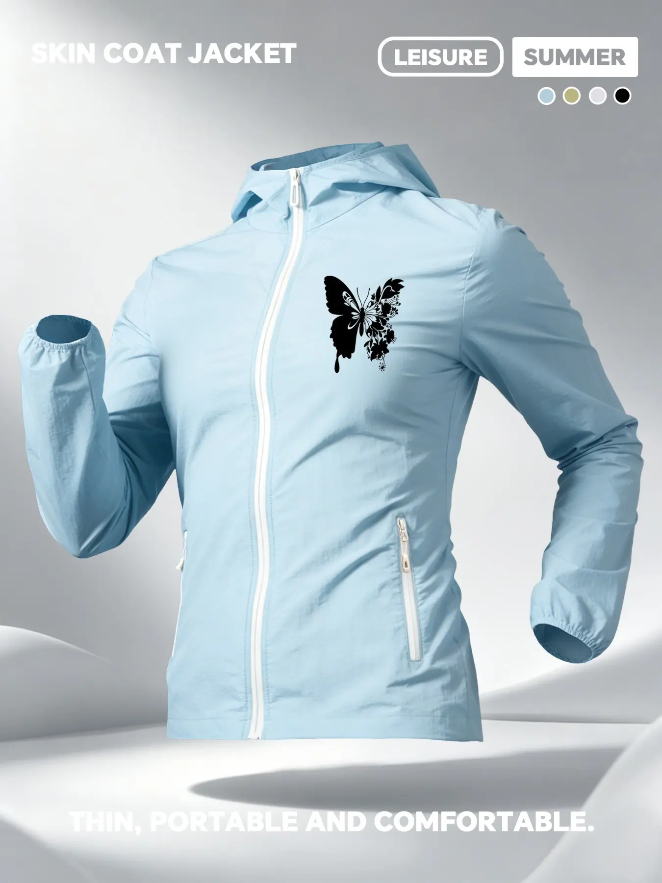 Floral And Butterfly Silhouette Print Women Summer Hooded Zip Up Skin Coat Jacket Four Colors Optional Soft Skin Friendly Comfortable Loose Breathable Lightweight Fashion Casual Outdoor Camping Hiking Cycling Commuting Daily Travel Vacation Must Have New