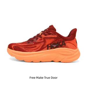 Trending Wine Orange Color Block Marathon Sneakers Deep Non Slip Orange Rubber Tread Wave Cushion Midsole All Weather Hiking Jogging Shoes Unisex