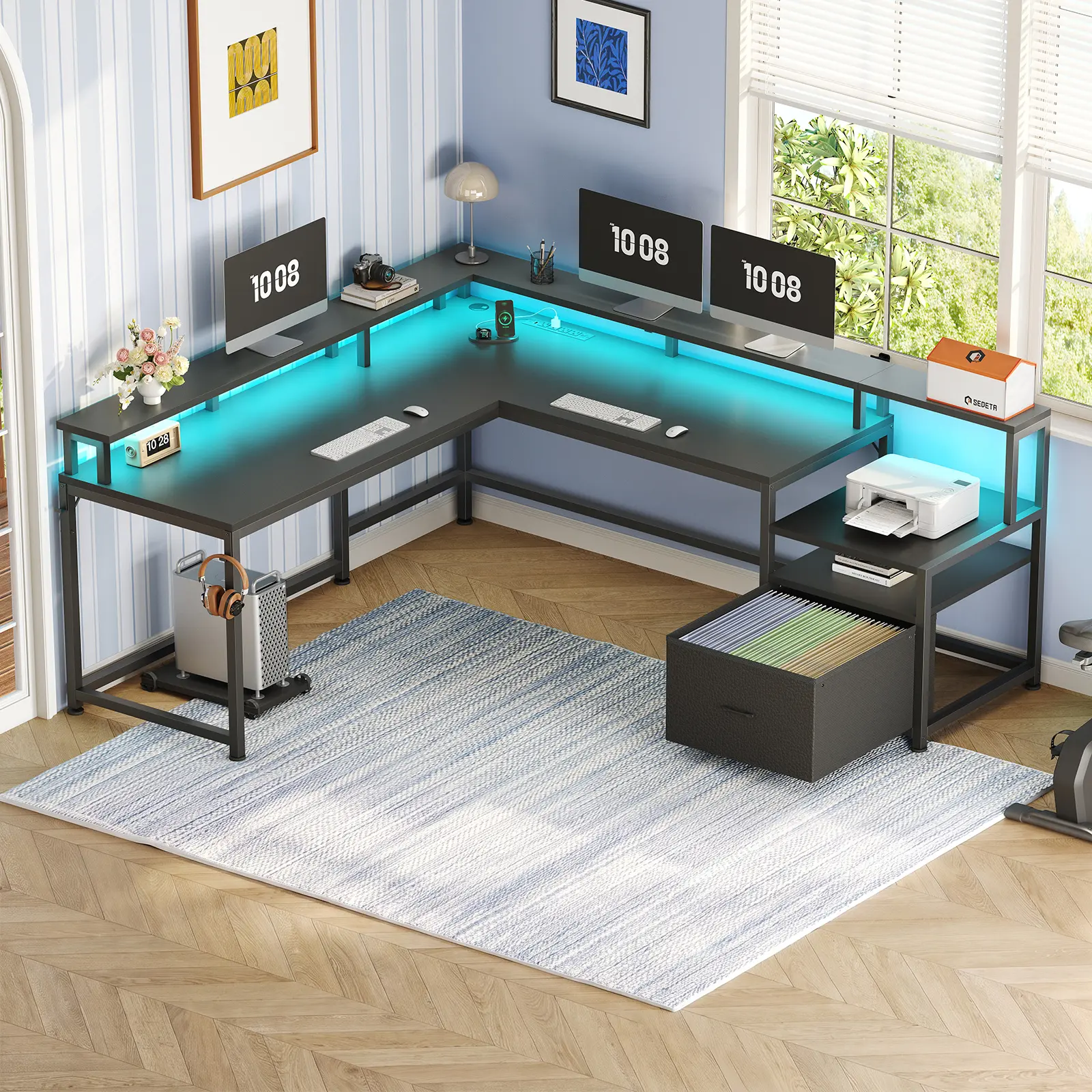 Sedeta 66-in LED L-Shaped Wooden Gaming Desk with Storage - Reversible, Durable Modern Computer Workstation, 1-2 Person Commercial Office Furniture, Wooden Table, L Shape Computer Workstations