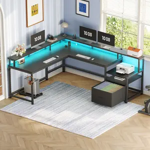 Sedeta 66-in LED L-Shaped Wooden Gaming Desk with Storage - Reversible, Durable Modern Computer Workstation, 1-2 Person Commercial Office Furniture, Wooden Table