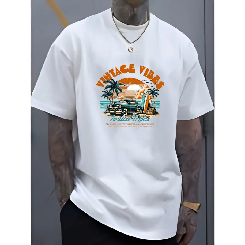 Men's Vintage Surf Graphic Cotton Fabric Casual T-Shirts, Y2k 2000s Summer Outfits, White Tops, Customizable, COD Eligible, Hoodie-Inspired Options, Sweat, Tropical