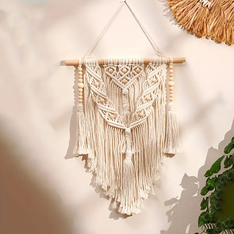 Boho Macrame Wall Hanging Tapestry with Wooden Beads - Fabric Hanging Decor for Bedroom, Living Room, Home Decor - No Electricity or Feathers Required