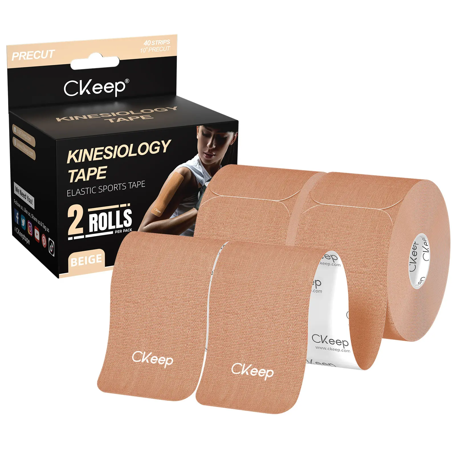 Ckeep Precut Kinesiology Tape, 2 Rolls - Original Cotton, Latex-Free tapes for Knee Shoulder Pain, Injuries & Sprains (Beige) summerwins