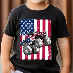 Boys' Patriotic Graphic Monster Truck T-Shirt, Soft Cotton, Round Neck, Short Sleeve, American Flag Design, Durable Print, Independence Day Kids' Casual Wear
