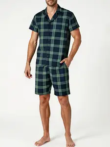Mens Pajama Set Sleepwear Loungewear Short Sleeve Pj Set Button Down Lounge Set Plaid Pajamas