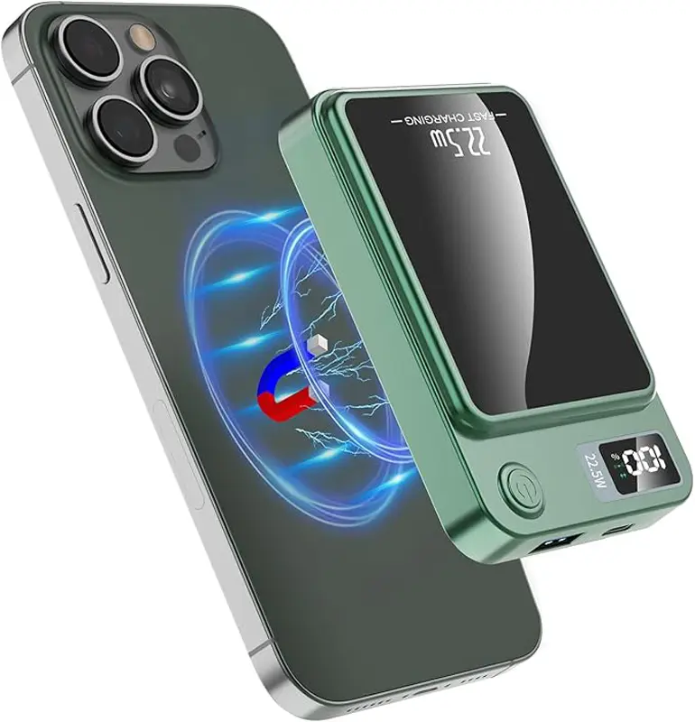 new 5000/10000 mah magnetic wireless charging bank, power 22.5w/PD20W, suitable for Apple 17/17pro/16/16pro/15pro/14max/13/12 and Android mobile phone (USB/Type-C), with LED power display, suitable for outdoor travel emergency backup mobile power supply.