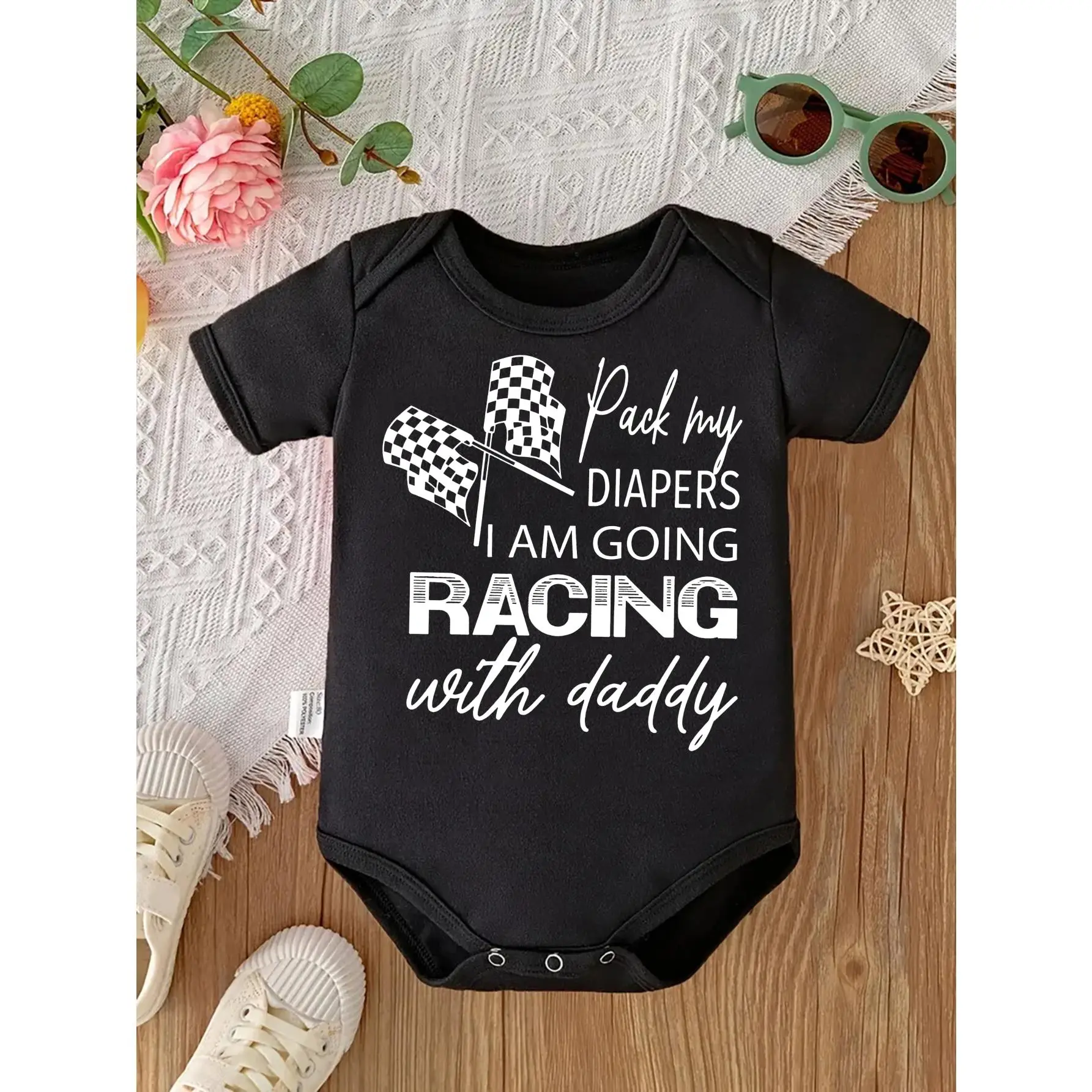 Short Sleeve Baby Bodysuit with "Racing With Daddy" Graphic, Soft Cotton Elastane Knit with Snap Closure for Infants, Crew Neck, Print, Racing Print Fun