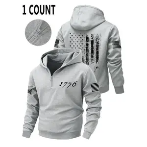 Men's American Flag Hooded Sweatshirt, Casual Fitted Design, Winter Wear, Polyester Fabric, Zipper Pocket Detail, Hoodie Sweatshirt