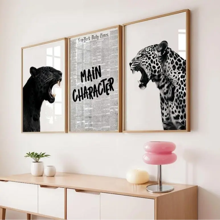 Leopard Wall Art Set of 3 Y2K Apartment Decor Trendy Newspapers Print College Room Wall Art Cocktail Gallery Wall Set