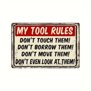 2D Flat 1pc Funny 'My Tool Rules' Vintage Metal Sign -  8x12 Inches, Easy-Hang, For Garage, Shed, Garden & Room Decor - Perfect Gift for DIY Enthusiasts & Home Decor Lovers