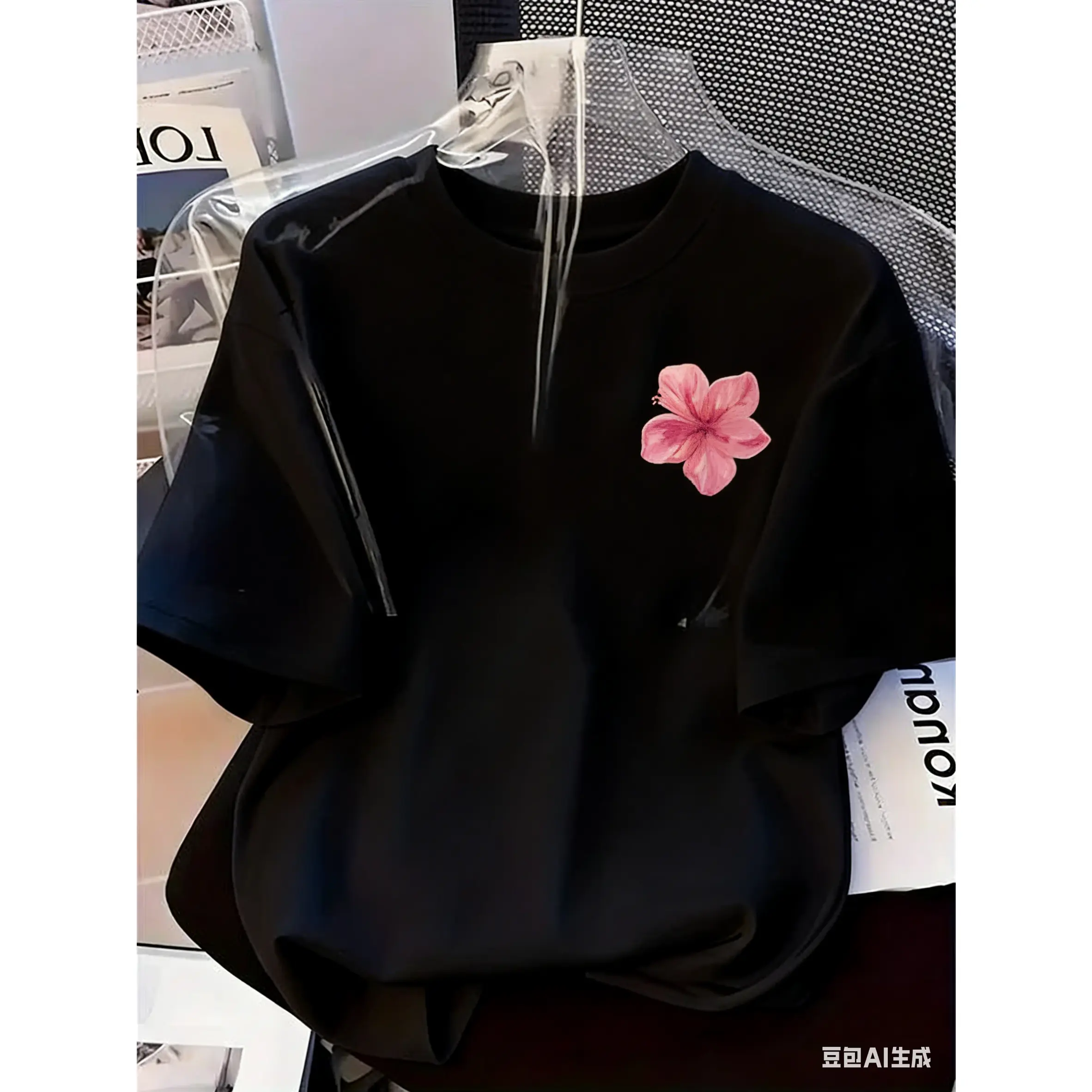 Women's Chic Cartoon Print Sports Outerwear - Round Neck Short-Sleeve Fitted Top with White & Pink Flower Patterns, for Daily Streetwear & Casual Occasions