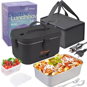 Electric Lunch Box Food Heater for Adults, Heated Lunch Box 12V/24V/110V Portable Food Warmer for Car/Truck/Office 1.8L Removable Stainless Steel Container with Fork Spoon and Bag，Extra large capacity