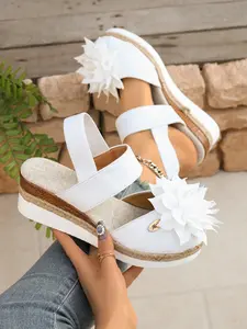 Women's Floral Straw Wedge Sandals, Breathable Platform Classy, Closed Toe Elastic Strap Thick Sole Rubber Shoes, Bohemian Summer Vacation Footwear, Casual Style