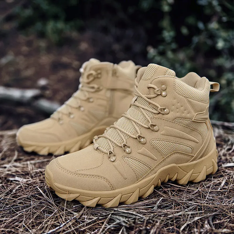 Men’s mid-cut leather lace-up waterproof ankle hiking boots, casual round toe non-slip military tactical boots, suitable for hiking, camping, trekking, hunting, and adventure hiking.
