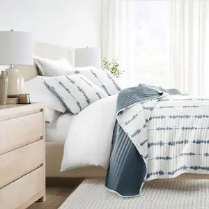 Geometric and Floral Modern Reversible Quilt and Shams Set - Becky Cameron,  Shabori  / Navy, Full/Queen