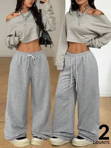 Women's 2-piece Casual Athleisure Set, Off-shoulder Cropped Top & Loose Wide-leg Pants with Adjustable Drawstring Waist, Ideal for Daily Outings & Street Styles