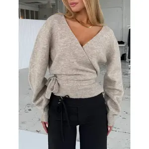 Women’s Autumn/Winter Tie V-Neck Knitted Top – Fashionable Pullover Sweater