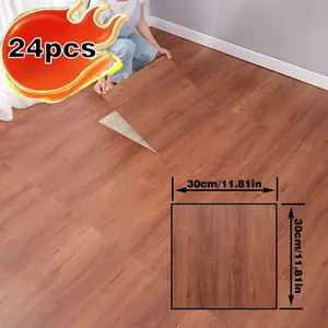 24pcs Self-Adhesive Wood Grain Vinyl Floor Tiles, 30x30cm Thickened Easy Clean Install, Cuttable Wall Stickers for Living Room Dining Bedroom Office Flooring
