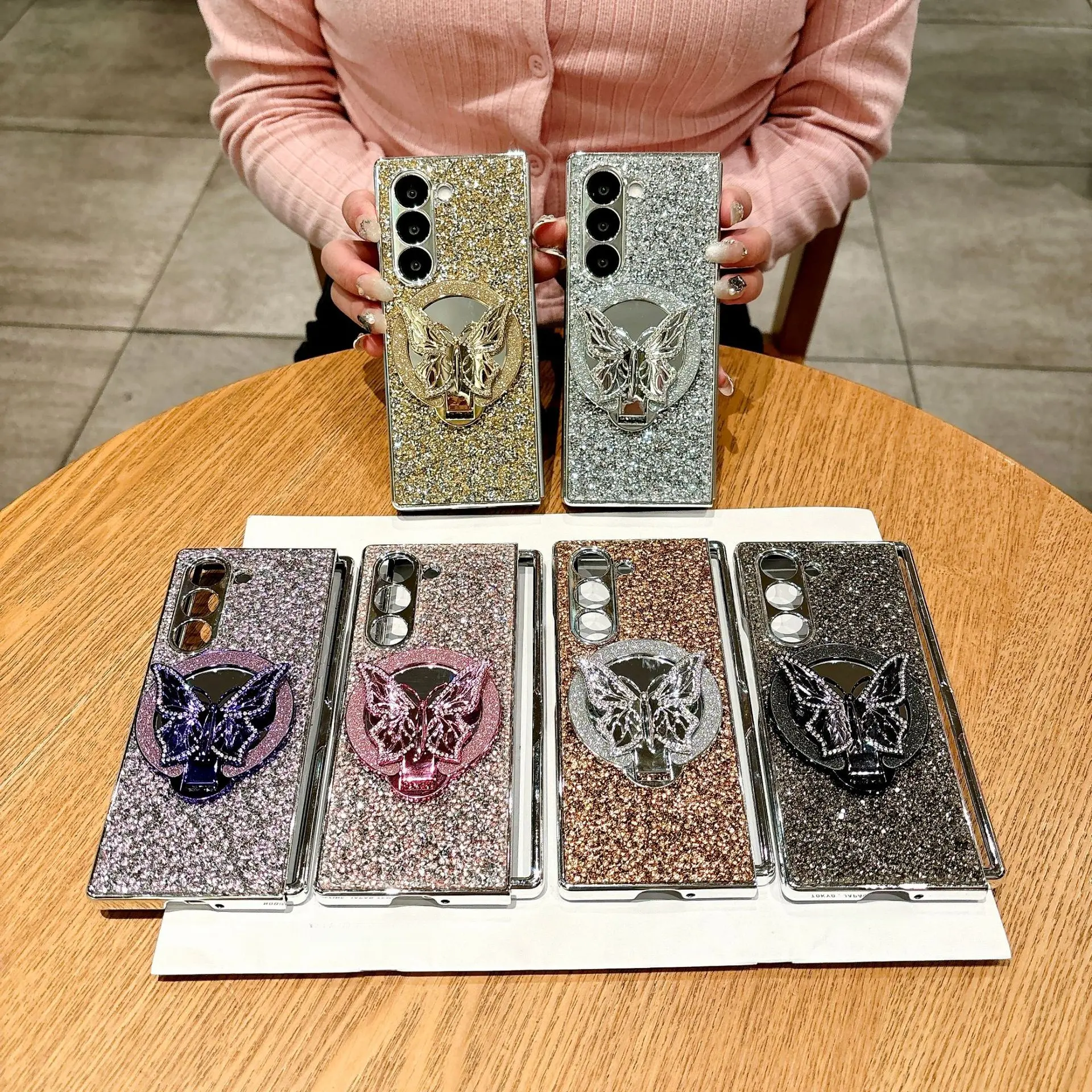 Compatible with Z Fold 8/7 FE/6/5/4/3 | Electroplated Glitter Butterfly Kickstand Folding Phone Case HNZ0005