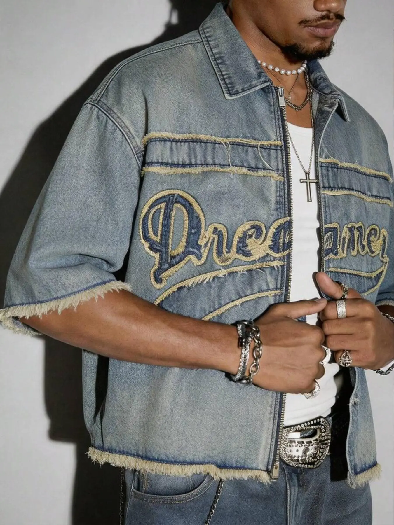 2026 New Men's Denim Casual Shirt, Stylish English Patchwork Embroidery, Frayed Edge Post-Apocalyptic Style, Comfortable Daily Wear, Unisex Short Sleeve