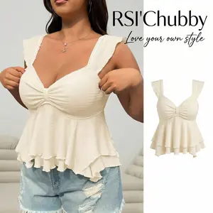 Women's Plus Size Sweetheart Neck Camisole Blouse Textured Babydoll Peplum Top Ruched Bust Flutter Strap Tiered Ruffle Summer Casual Blouses