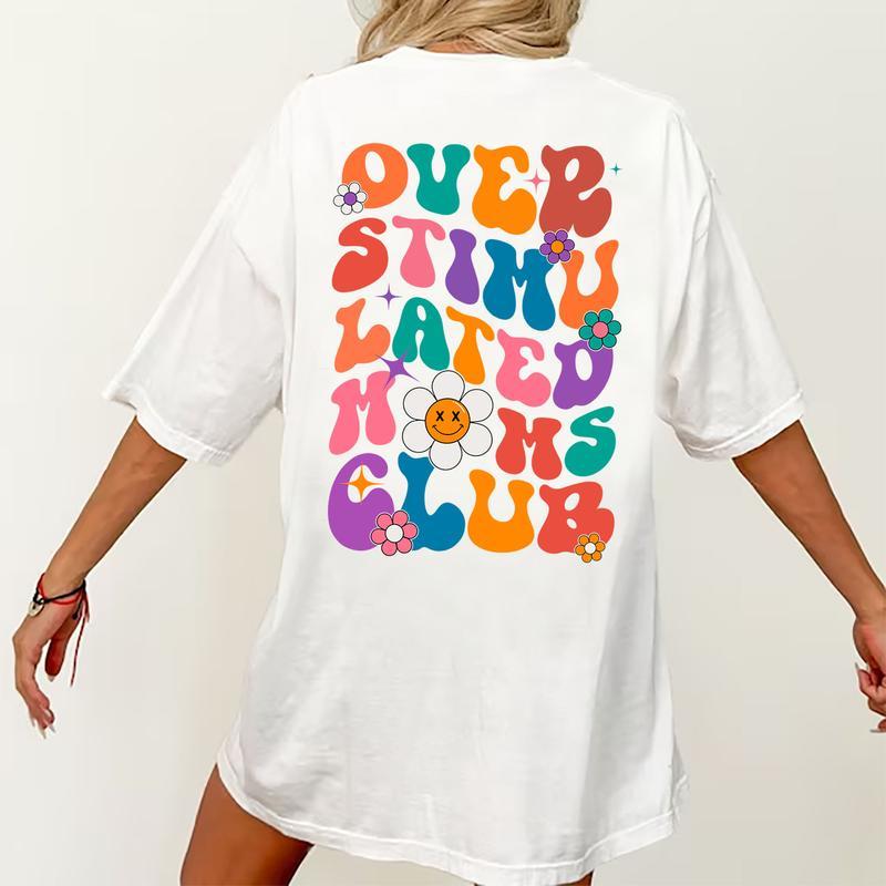 Women’s 100% Cotton Collar-Embroidered Short Sleeve Top – Loose-Fit Athletic Overstimulated Moms Club Graphic Retro Anxiety Support Tee for Valentine’s Day